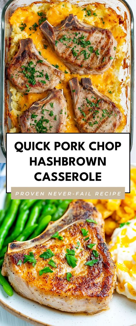 Image for Quick Pork Chop Hashbrown Casserole Pork Chops And Potatoes In Oven, Pork Chop Potato Casserole, Quick Pork Chops, Pan Pork Chops, Hash Brown Patties, Stews Recipes, Pork Chops And Potatoes, Potatoes In Oven, Easy Pork Chops