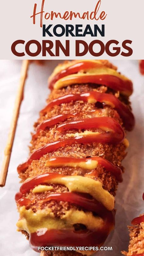 Corndog Recipes, Korean Corn Dog Recipe, Corn Dogs Recipe, Corn Dog Recipe, Korean Corn Dog, Korean Corn, Corndog Recipe, Potato Corn Chowder, Spicy Dipping Sauce