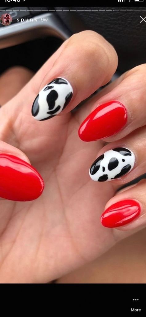 Red Cow Print Nails Acrylic, Cow Print Nails With Red, Red Nails With Cow Print, Red Western Nails Acrylic, Red And Cow Print Nails, Red Country Nails, Red Cow Nails, Red Cow Print Nails, Farm Nails Designs