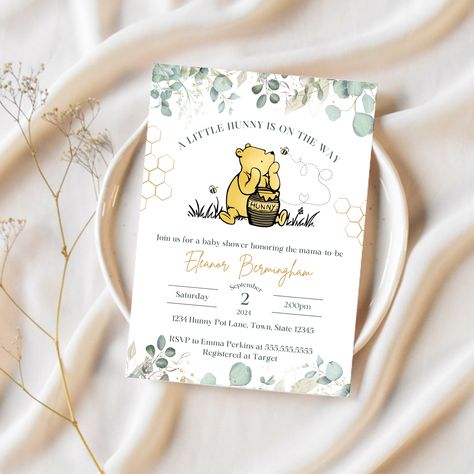 Winnie The Pooh Invitation Template | A Little Honey Is On The Way | Ollie + Hank A Little Pooh Is Almost Due, Winnie The Pooh Baby Shower Ideas Invitations, Winnie Pooh Baby Shower Invitations, A Little Hunny Is On The Way, A Little Honey Is On The Way, Winnie The Pooh Baby Shower Invitations, Winnie The Pooh Invitation Template, Apple Tree Branch, Pooh Bebe