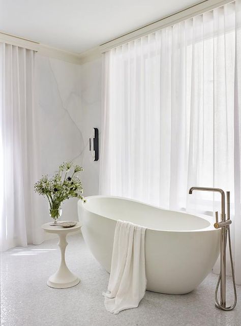 Modern Oval Bathtub with Mosaic Marble Floor Tiles - Transitional - Bathroom Tiles With Gold Grout, Mosaic Marble Floor, Gold Grout, Flooring For Bathroom, Mosaic Tile Flooring, French Accent Chairs, Grey Marble Floor, Oval Bathtub, Floor Mount Tub Filler