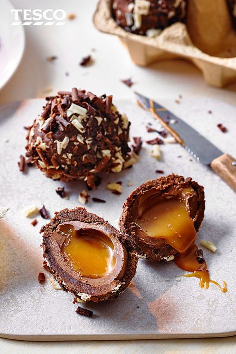 Scotch Eggs Recipe, Scotch Egg, Easter Sweets, Tesco Real Food, Scotch Eggs, Eggs Recipe, Easter Eggs Chocolate, Caramel Chocolate, Chocolate Caramels