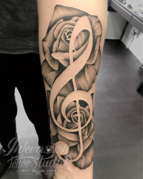 Music Notes Tattoo Sleeve, Musical Forearm Tattoo, Music Flowers Tattoo, Music Note And Rose Tattoo, Rose And Music Tattoo, Music Half Sleeve Tattoo, Music Note Tattoo For Men, Music Inspired Tattoos For Women, Treble Clef Heart Tattoo