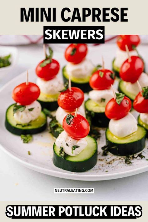 Elevate your summer potluck game with our collection of crowd-pleasing recipes that are both easy and delicious! From savory party appetizers cooked in the crockpot to Italian-inspired dishes like these mini caprese skewers and cucumber and tomato small bites. Keep things stress-free with party appetizers that can be served at room temperature, allowing you to focus on enjoying the company of friends and family. Plus, for those busy days, discover summer meals that you can prepare ahead of time Tomato Skewers Appetizers, Italian Summer Appetizers, Summertime Appetizers, Summer Appetizers For Party, Party Food Ideas Appetizers, Party Food For Toddlers, Food Ideas Appetizers, Summer Potluck Dishes, Fall Potluck