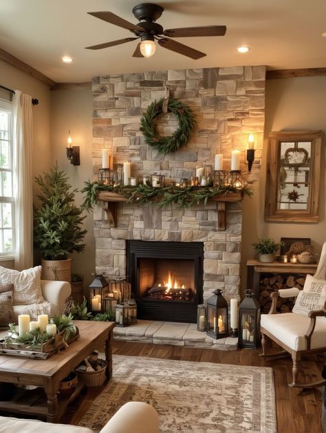 Stone Fireplace Decor, Farmhouse Fireplace Ideas, Rustic Farmhouse Fireplace, Farmhouse Fireplace Decor, Country Fireplace, Simple Fireplace, Cozy Farmhouse Living Room, Modern Farmhouse Decor Ideas, Brick Fireplace Makeover