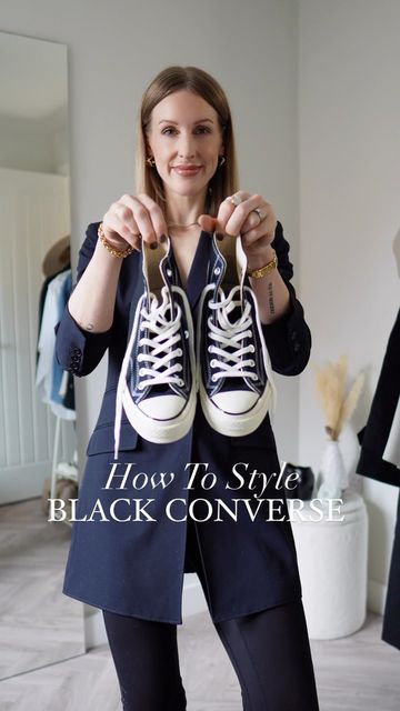 Charlotte | Everyday Style Made Simple 🤍 on Instagram: "Black Converse Outfits 🖤 - Vol. 1 STYLING THE CLASSICS! (How to style converse tips in caption👇🏼) I am starting a new classic fashion series on ways to wear key items in a timeless style wardrobe, which I think every woman should own. Starting with black converse chuck70 high tops. My tips for making a black converse outfit chic are to: 1. JEANS AND TROUSERS - When wearing converse chucks with jeans and trousers opt for straight leg or Straight Jeans Converse Outfit, Formal Converse Outfit, Black Converse Hightops Outfit, Black Converse Work Outfit, Black Converse Outfits Women, Style Black Converse High Tops, Low Chucks Outfit, Jeans And Chucks Outfit, Converse Black High Tops Outfit