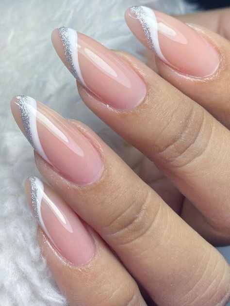 white and silver swirly side tips Nude Nails With Glitter, Nail 2023, Classy Looks, Silver Nail Designs, White Tip Nails, Nail Designs Ideas, White And Silver Nails, Formal Nails, French Manicure Nails