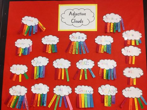 Students write adjectives starting with the letters of their name that describe them. "be the rainbow in someone else's cloud" - Maya Angelou Emotional Coaching, Class Auction Projects, First Week Activities, Class Auction, Auction Projects, Name Crafts, Language Art, Cloud Art, Education Organization