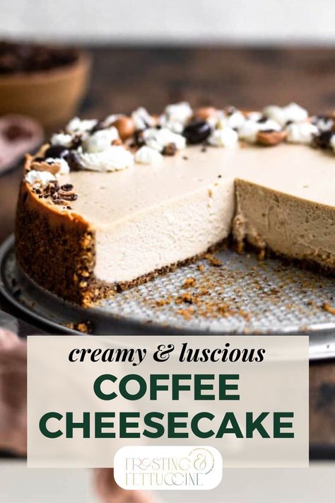 This easy cheesecake recipe is so creamy and filled with coffee flavor. The graham cracker crust is infused with coffee as well as the filling, and is then topped with chocolate covered espresso beans. This coffee cheesecake recipe shows you how to bake a cheesecake without a water bath! French Style Cheesecake, Cheesecake No Water Bath, Cheesecake Photography, Easy Cheesecake Recipe, Homemade Graham Cracker, Cheesecake Frosting, Chocolate Covered Espresso Beans, Homemade Graham Cracker Crust, Coffee Cheesecake