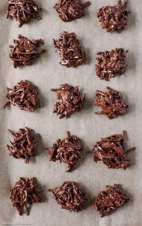 Chocolate Spiders - Wholesome Patisserie Chocolate Peanut Butter Haystacks, Chocolate Haystack Cookies, Peanut Butter Haystacks, Spider Food, Peanut Butter Cornflake Cookies, Chocolate Haystacks, Haystacks Recipe, Haystack Cookies, Chocolate Spiders