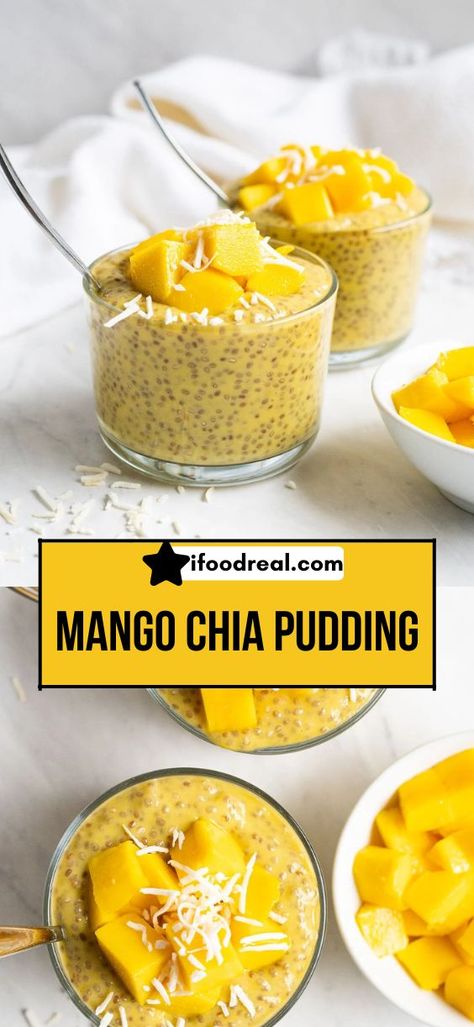 Mango Chia Pudding made with 4 simple ingredients and full of tropical flavors. It’s a perfect breakfast, snack or healthy dessert. Chia Pudding Healthy, Healthy Breakfast Vegan, Mango Chia Seed Pudding, Pudding Healthy, Breakfast Pudding, Mango Chia Pudding, Chia Pudding Recipe, Chia Recipe, Pudding Flavors