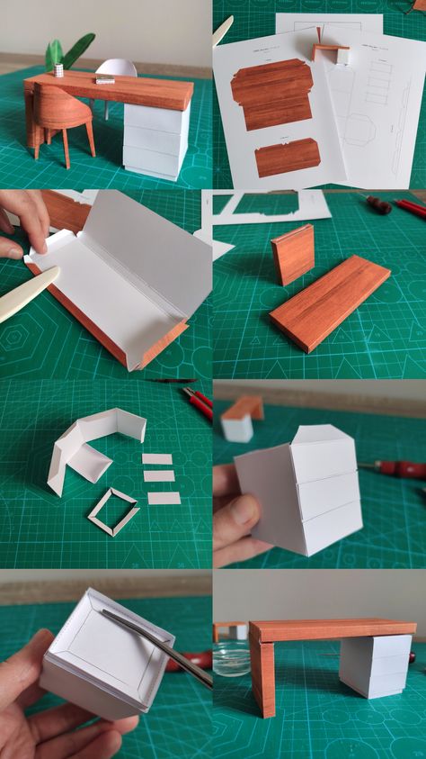 Craft a 1:12 and 1:24 scale office desk model with paper using a printable PDF template. This diy paper craft project is beginner-friendly and all you need are some innexpensive tools and materials, like glue, printer paper and a scoring tool. You can read the instruction with photos, if you need help getting started. You can place the assembled desk model in your dioramas, dollhouse or simply as decoration for your home. Diy Cardboard Miniatures, Paper Furniture Diy, Paper Craft Furniture, Paper Craft Miniature, Architecture Model Making Materials, Diy Paper Miniatures, Paper Printable Crafts, Miniature Crafts Diy Ideas, Diorama Ideas Diy