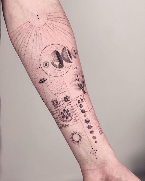 Fine Line Cosmic Tattoo, Omni Tattoo, Geometric Space Tattoo, Cosmos Tattoos, Nature Tattoo Sleeve Women, Geometric Universe Tattoo, Physics Tattoos, Bang Bang Tattoo, Orion Tattoo