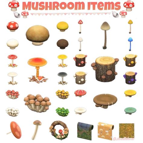 Acnh Mushroom, Mushroom Items, Mushroom Diy, Cottagecore Animal Crossing, Town Design, Autumn Animals, Animal Crossing Guide, Acnh Codes, Clam Recipes