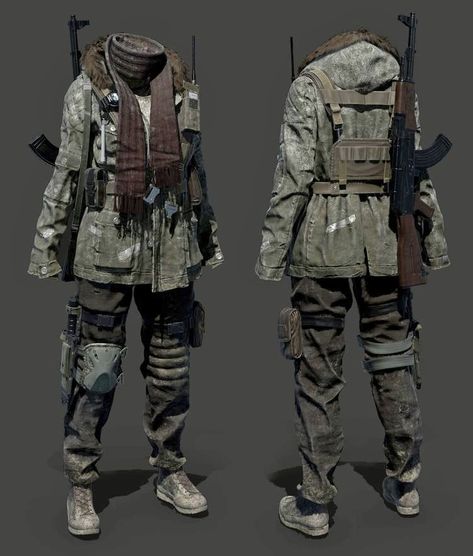 Apocalypse Gear Outfits, Apocalypse Art Reference, Survival Outfit Post Apocalyptic, Mens Apocalypse Fashion, Apocalyptic Clothing Drawing, Cold Apocalypse Outfit, Dystopian Winter Outfit, Cod Concept Art, Apocalypse Outfit Concept Art