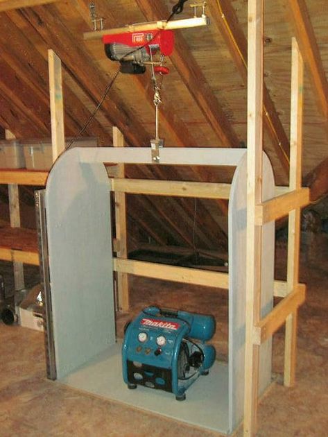 Attic Lift Above | The lift carriage in the fully raised pos… | Clark | Flickr Attic Lift, Bookcase Hack, Plan Garage, Garage Attic, Finished Attic, Kids Basement, Bar Basement, Attic Room, Attic Stairs