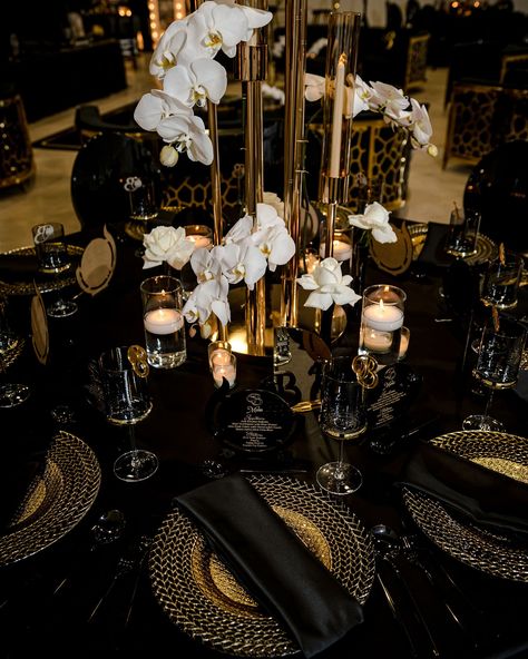 At ASA Event Group, we meticulously attend to every detail to ensure that each element contributes to the bigger picture. Experience the difference with us! Contact us today for a free quote. @mbymichaelaphotography #EventPlanner #WeddingPlanner #WeddingDesigner #WeddingStylist #WestPalmBeach #PartyPlanner Champagne And Black Wedding Decor, Black And Gold Wedding Theme Decorations, Black Tie Decorations Party Ideas, Black And Gold Wedding Centerpieces, Black And Gold Wedding Decor, Black And Gold Centerpieces, Ivory Wedding Decor, Gold Wedding Centerpieces, Black Wedding Decorations