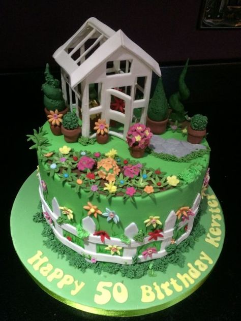 Greenhouse Cake Ideas, Flower Garden Cake, Family Reunion Cakes, Allotment Cake, Gardening Cake, Garden Birthday Cake, Housewarming Cake, Mum Cake, Vegetable Cake