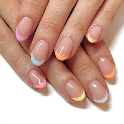 NAILS BY 𝘔𝘢𝘳𝘪𝘴𝘴𝘢 on Instagram: “Rainbow french 🌈 Using @the_gelbottle_inc teddy, pastel v110, flame, forget me not, marilyn & pixie . . . #instanails #manicure…” Rainbow French Manicure, Rainbow French, Short Gel Nails, Simple Gel Nails, Cute Gel Nails, Pastel Nails, Chic Nails, French Tip Nails, French Manicure