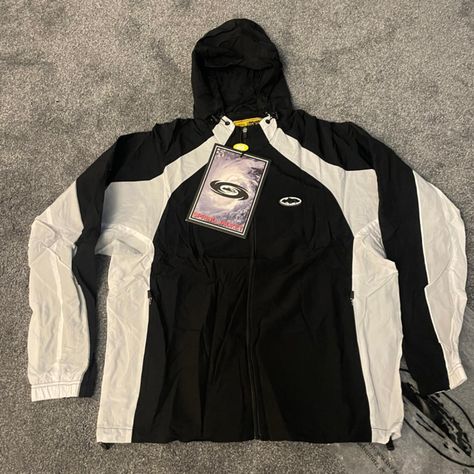 Black and White Corteiz Windbreaker - Corteiz... - Depop Sporty Windbreaker With Contrast Panels For Streetwear, Corteiz Tracksuit, Black Cotton Techwear Windbreaker, Windbreaker Tracksuit, Black Half-zip Techwear Windbreaker, Vintage Black Sports Windbreaker, Windbreaker Outfit, Black Fleece-lined Windbreaker For Streetwear, Phone Wallpaper