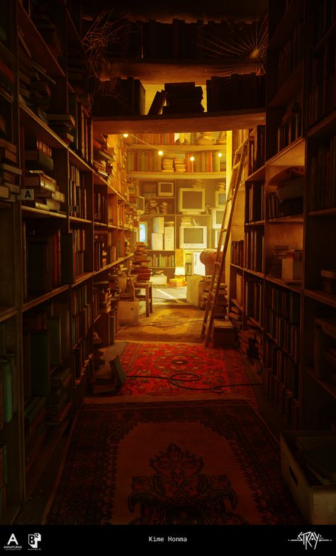 Stray Scenery, Stray Slums, Cyberpunk Library, Stray Game Aesthetic, Slums Aesthetic, Stray Game Wallpaper, Stray Background, Library Concept Art, Stray Aesthetic