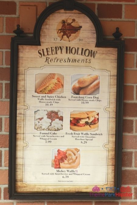 Magic Kingdom Sleepy Hollow Refreshments Waffles Menu. One of the BEST restaurants at the Magic Kingdom. #disneyfood #disneyworld #magickingdom Mulan Merchandise, Churro Ice Cream Sandwich, Magic Kingdom Food, Disney Dining Reservations, Disney Vacation Planner, Disney Tickets, Premium Ice Cream, Waffle Sandwich, Disney Trip Planning