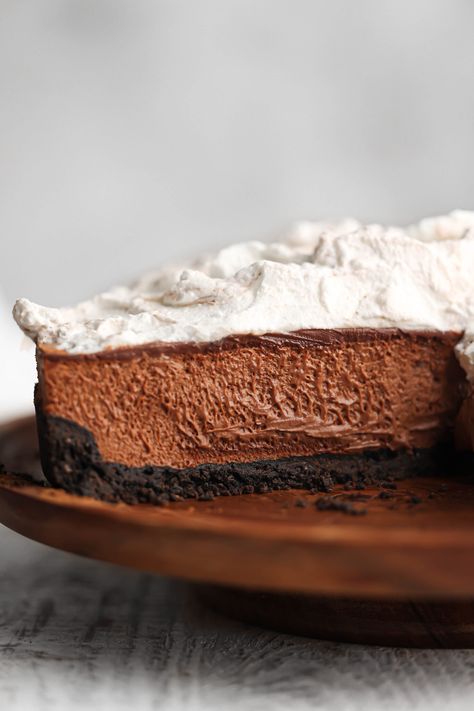 Chocolate Mousse Pie | Sturbridge Bakery Sturbridge Bakery, Chocolate Mousse Tart, Mousse Tart, Chocolate Mousse Pie, Mousse Pie, Caramel Pie, Vegetarian Cookies, Oreo Crust, Homemade Whipped Cream