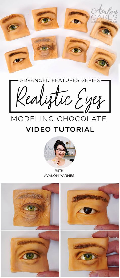 How to sculpt realistic eyes out of MODELING CHOCOLATE! Wow, Avalon shows you step by step how she makes all of these different eyes! She gives tips and insight on how to approach sculpting too! Perfect for bust cakes! www.avaloncakesschool.com Modeling Chocolate Sculpting, Gum Paste Flowers Cake, Drip Cake Tutorial, Square Cake Design, Face Modeling, Wedding Cake Tutorial, Fondant Cake Tutorial, Chocolate Videos, Different Eyes