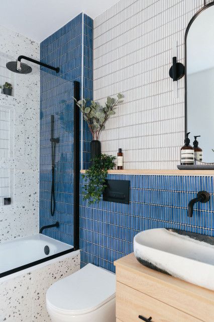 Light and Bright Blue Bathroom - Coastal - Bathroom - London - by My Bespoke Room | Houzz UK Bright Blue Bathroom, Recessed Shelves Bathroom, Blue Small Bathrooms, Recessed Shower Shelf, Kids Bathroom Design, Contemporary Toilet, Recessed Shelves, Bright Bathroom, Bathroom Inspiration Modern