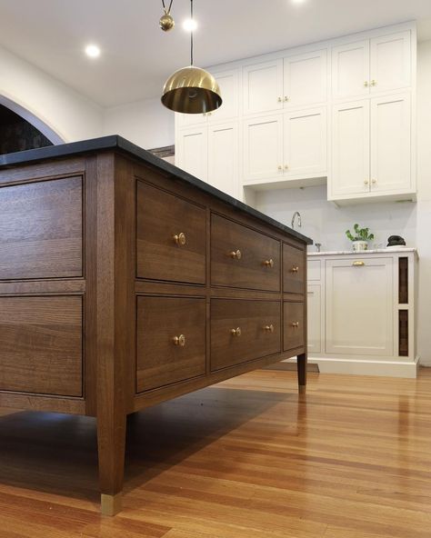 white oak kitchen island • Instagram Kitchen Island Table With Drawers, Kitchen Island Legs Ideas, White Oak Island Kitchen, Modern English Kitchen, Soapstone Island, White Oak Kitchen Island, Double Island Kitchens, Dark Wood Island, Brown Kitchen Island