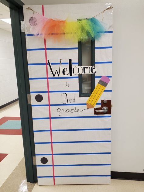 I wanted to make my room feel extra inviting this year. Pencil Door Decoration, Notebook Paper Door Decoration, Cute Classroom Doors, Notebook Paper Classroom Door, Teacher Classroom Door Ideas, Beginning Of Year Classroom Door Ideas, Classroom Back To School Door, Classroom Doors Back To School, 3rd Grade Door Decoration Ideas