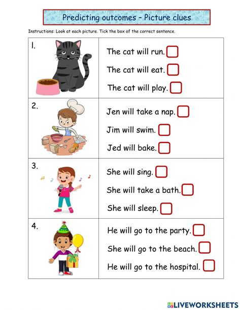 Predicting Outcomes Worksheet For Grade 2, Predicting Outcomes Worksheet, Communication Worksheets For Kids, Prediction Worksheet, Sentence Comprehension, Picture Comprehension, Picture Clues, Family Worksheet, English Activities For Kids