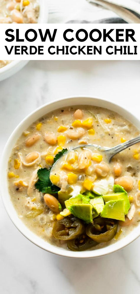 This slow cooker verde chicken chili is homemade, full of flavor, satisfying, and easy to make. Add all the ingredients to the slow cooker and dinner is done when you get home! Get creative with your toppings or use what you have on hand! #chickenverdechili #chickenchili #chickenchilislowcooker #chickenchilicrockpot Verde Chicken Chili, Chicken Chili Verde, Chicken Verde, Chicken Chili Crockpot, Slow Cooker Chicken Chili, Verde Chicken, Chili Verde, Chili Ingredients, Slow Cooker Chili