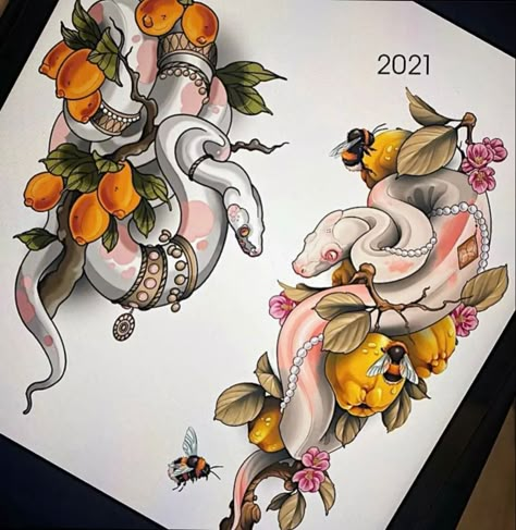 #CoolTattoos #TattooArt #InkMaster #TattooDesigns #InkedUp #TattooLovers #InkInspiration #TattooIdeas #CreativeInk #TattooStyle Half Sleeve Tattoos Traditional, Traditional Snake Tattoo, Animal Design Tattoo, Neo Traditional Art, Japanese Snake Tattoo, Neo Tattoo, Key Tattoos, Girl Arm Tattoos, Theme Tattoo