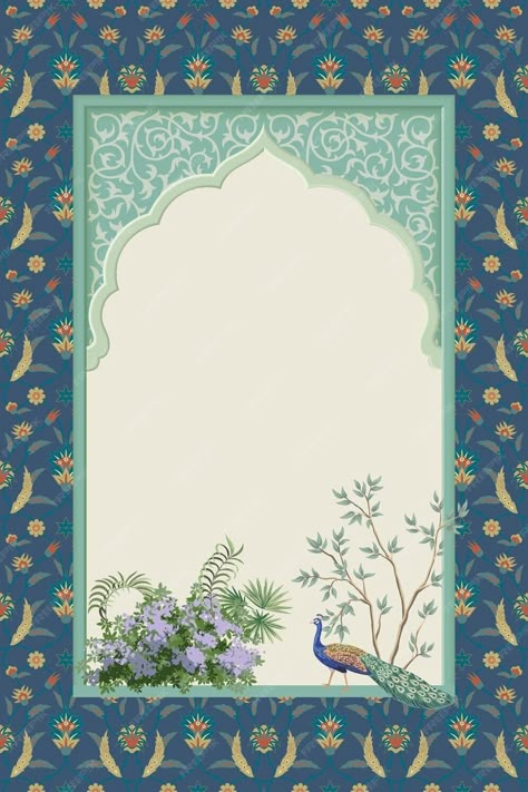 Premium Vector | Turkish decorative pattern frame with garden and peacock for invitation Pichwai Invitation, Peacock Party Decorations, Wedding Illustration Card, Indian Invitation Cards, Digital Wedding Invitations Design, Green Room Decor, Wedding Card Design Indian, Indian Wedding Invitation Card Design, Mughal Art Paintings