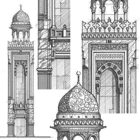 Islamic Architecture Sketches, Ornamental Drawing, Architecture Sketching, Design Intervention, Mosque Design Islamic Architecture, Andalusian Architecture, Architecture Journal, History Drawings, Egypt Aesthetic