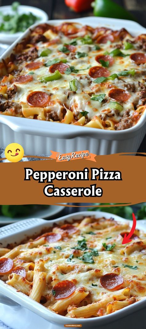 Enjoy all the flavors of your favorite pizza in this Pepperoni Pizza Casserole. Layers of pasta, marinara sauce, cheese, and pepperoni come together in this easy-to-make dish that's perfect for a family dinner or a gathering of friends. It’s a fun and filling twist on traditional pizza night. Recipes With Pepperoni, Pepperoni Pizza Casserole, Layered Pasta, Pasta Marinara, Pizza Parlor, Chicken Cake, Hearty Lunch, Cheese Baked, Cheesy Casserole