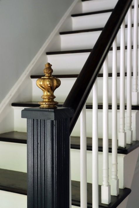 Stair Riser Ideas, House Entrance Hall, Black White Floor, Dream House Entrance, Entrance Hall Stairs, Old Stairs, Foyer Inspiration, Stair Newel Post, Stair Design Architecture