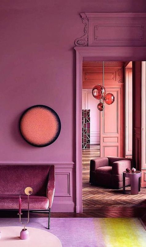 The entire room gives off the vibe of everything being tinted pink, creating harmony in the entire room. Color Aesthetic, Purple Interior, Deco Rose, Purple Walls, Color Harmony, Pink Interior, Boho Interior, A Living Room, Pink Walls