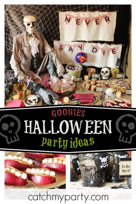 Get ready to be spooked by awesome Goonies themed Halloween party! The party food is so cool!! See more party ideas and share yours at CatchMyParty.com   #catchmyparty #partyideas #halloween #hallowwenparty #goonies Goonies Party Ideas, Goonies Halloween, Goonies Theme Snacks, Goonies Dinner And A Movie, Goonies Decorations, Goonies Birthday, Goonies Party, Adult Halloween Party Food, Cheap Halloween Party