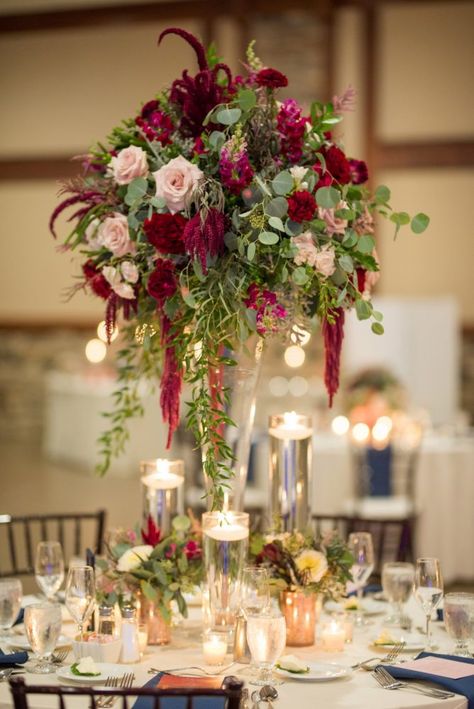 Burgundy Floral Centerpieces, Tall Centerpiece Wedding, Kirby Wedding, Tall Flower Centerpieces, Floral Wedding Centerpieces, Wedding Centerpieces Rustic, Burgundy Wedding Centerpieces, Seasonal Color Palette, Centerpieces Rustic