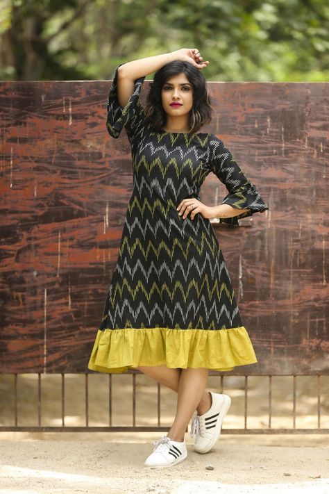 Black Ikat Zig Zag Ruffled Dress Western Dresses For Women Casual, Casual Frocks For Women, Frocks For Women Knee Length, Frocks For Women, Indo Western Dresses, Indo Western Dresses For Women, Frock Models, Frocks And Gowns, Ikkat Dresses