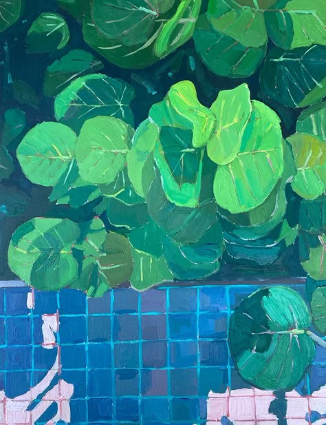 Pool Watercolor Painting, Pool Water Coloring, Paintings Of Plants, Gouche Painting Plant, Pool Water Painting, Watercolor Swimming Pool, Pool Painting, Pool Drawing, New Mommy