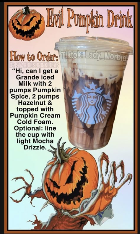 Halloween Themed Starbucks Drinks, Halloween Starbucks Drinks, Starbucks Halloween Drinks, Fun Halloween Drinks, Pumpkin Drink, Starbucks Ideas, Homemade Coffee Drinks, Starbucks Fall Drinks, Halloween Starbucks