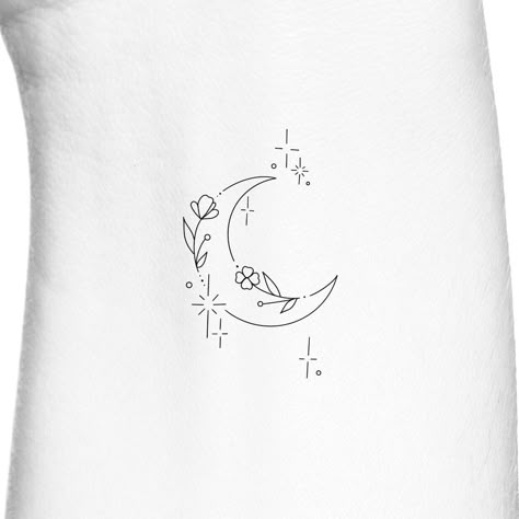 Dainty Floral Crescent Moon Outline Feminine Temporary Tattoo Size: The size of this Dainty Floral Crescent Moon Outline temporary tattoo is approximately 1 1/2 inches height Directions: 1. Cut excess paper around tattoo with scissors to eliminate any unnecessary adhesive on your skin after applying. 2. Peel away the clear plastic layer. 3. Apply the tattoo image side to your skin and cover with a damp cloth for 20 seconds. 4. Carefully peel back paper off of your skin and allow the tattoo to dr Crescent Moon Collar Bone Tattoo, Matching Crescent Moon Tattoos, Dainty Moon And Stars Tattoo, Be The Moon Tattoo, Waning Crescent Tattoo, Whimsical Moon Tattoo, Cloud Moon Tattoo, Simple Moon Tattoo Designs, Moon Tattoo Ankle