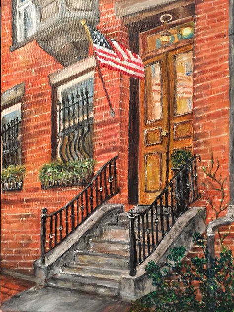 Oil on canvas. 12" x 16" Boston Home Part of the Boston series. Boston Painting Ideas, Boston Painting, Apartment Prints, House Remodeling, Around The World In 80 Days, Travel Drawing, Usa Art, Pool House, Massachusetts