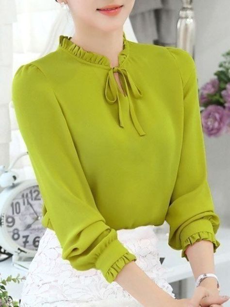 Áo Blu, Women Blouses Fashion, Fashion Tops Blouse, Sleeves Designs For Dresses, Shirts Women Fashion, Plain Blouse, Chiffon Long Sleeve, Designs For Dresses, Ladies Tops Fashion