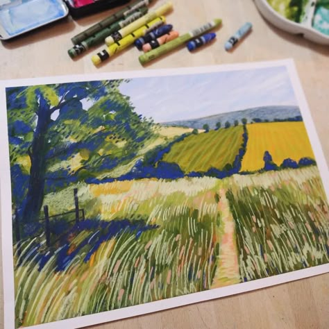 Art Reference Landscape, Simple Landscape, Color Pencil Illustration, Jackson's Art, A Level Art Sketchbook, Country Landscape, Landscape Sketch, Oil Pastel Art, Landscape Illustration