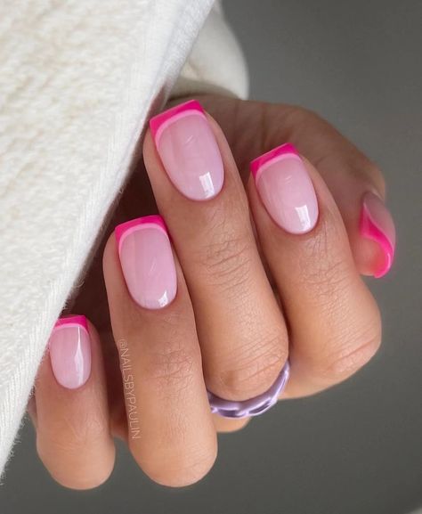 Summer Cruise Nail Ideas, Pink Double French Tip Nails, Double French Tip Nails, Double French Tip, Neon French Manicure, Dark Pink Nails, Cruise Nails, Red Acrylic Nails, Spring Nail Designs