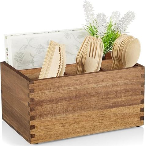 Amazon.com - DRASTAR Utensil Caddy, Silverware Caddy for Party, Acacia Wood Silverware Holder, Silverware Organizer Countertop, Cutlery Storage Containers for Kitchen Table Containers For Kitchen, Silverware Organizer, Forks And Knives, Silverware Caddy, Flatware Holder, Silverware Organization, Utensil Caddy, Disposable Cutlery, Silverware Holder